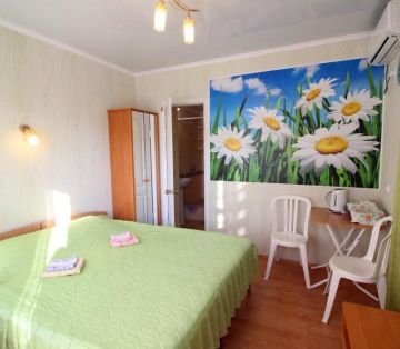 Двуспальная кровать, обеденная зона у стены с ромашками в номере Стандарт 2х местный отель Прибой Саки