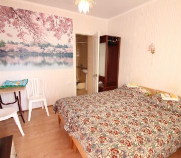 Спальные места, обеденная зона возле стены с розовой сакурой в номере Стандарт 2х местный отель Прибой Саки