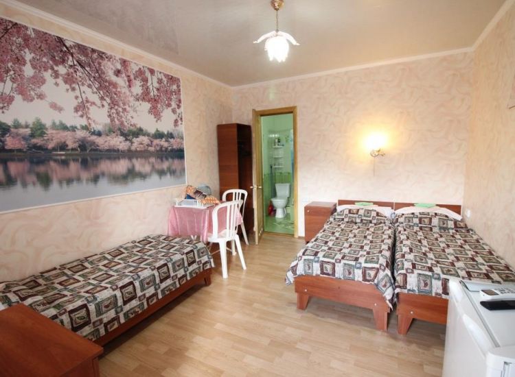 Три спальных места, фотообои цветущая сакура в номере Стандарт 3х местный отель Прибой Саки